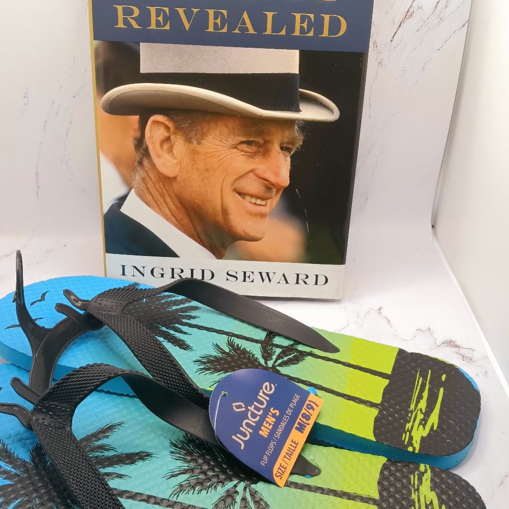 Prince Philip Revealed Book & Men Flip Flop Size 8/9 Great for fathers day
